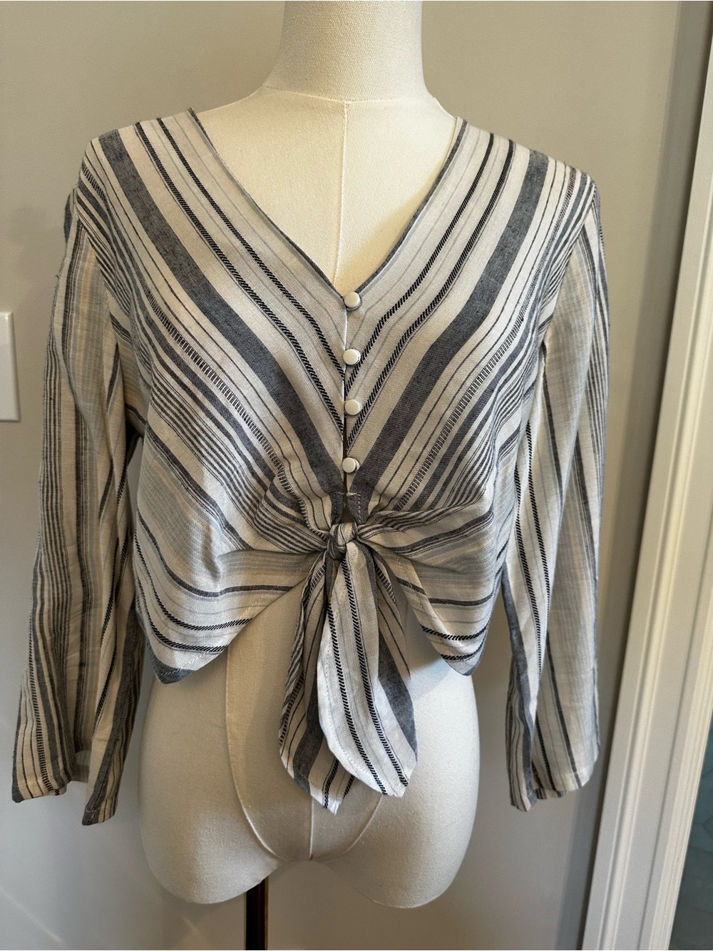Beltaine Striped Linen Tie Front Crop Top